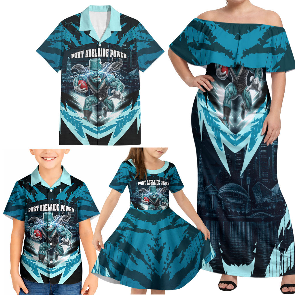 Personalised Port Adelaide Power Football Family Matching Off Shoulder Maxi Dress and Hawaiian Shirt Teal Lightning Mascot Charging Cityscape
