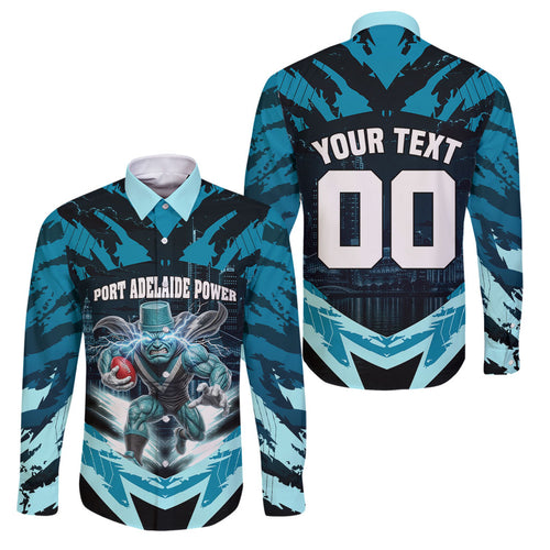 Personalised Port Adelaide Power Football Family Matching Off Shoulder Short Dress and Hawaiian Shirt Teal Lightning Mascot Charging Cityscape
