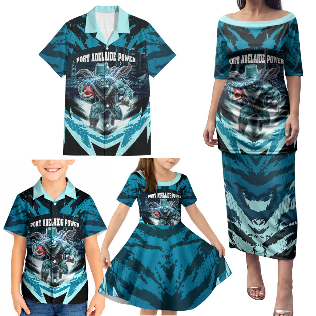 Personalised Port Adelaide Power Football Family Matching Puletasi and Hawaiian Shirt Teal Lightning Mascot Charging Cityscape