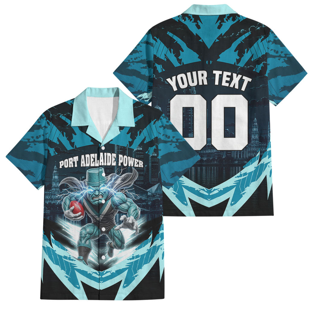 Personalised Port Adelaide Power Football Family Matching Puletasi and Hawaiian Shirt Teal Lightning Mascot Charging Cityscape