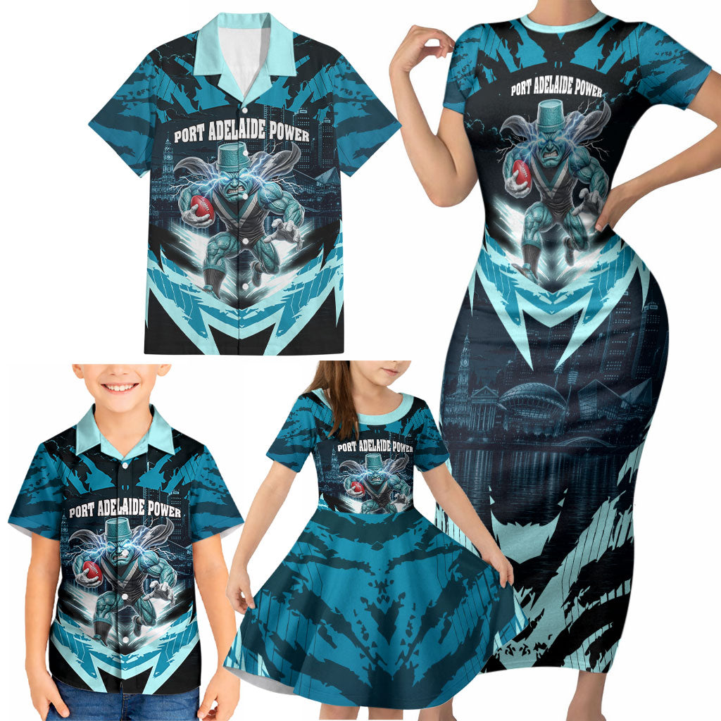 Personalised Port Adelaide Power Football Family Matching Short Sleeve Bodycon Dress and Hawaiian Shirt Teal Lightning Mascot Charging Cityscape