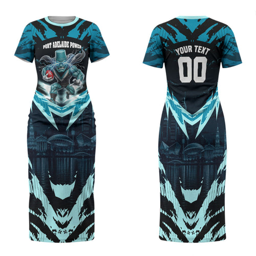 Personalised Port Adelaide Power Football Family Matching Short Sleeve Bodycon Dress and Hawaiian Shirt Teal Lightning Mascot Charging Cityscape