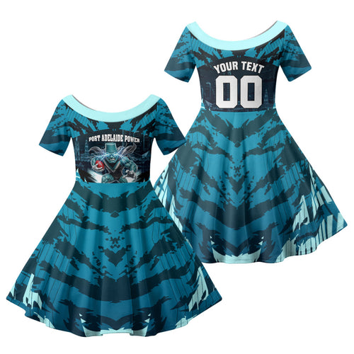 Personalised Port Adelaide Power Football Family Matching Short Sleeve Bodycon Dress and Hawaiian Shirt Teal Lightning Mascot Charging Cityscape