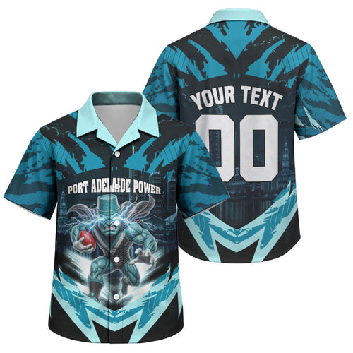 Personalised Port Adelaide Power Football Family Matching Short Sleeve Bodycon Dress and Hawaiian Shirt Teal Lightning Mascot Charging Cityscape