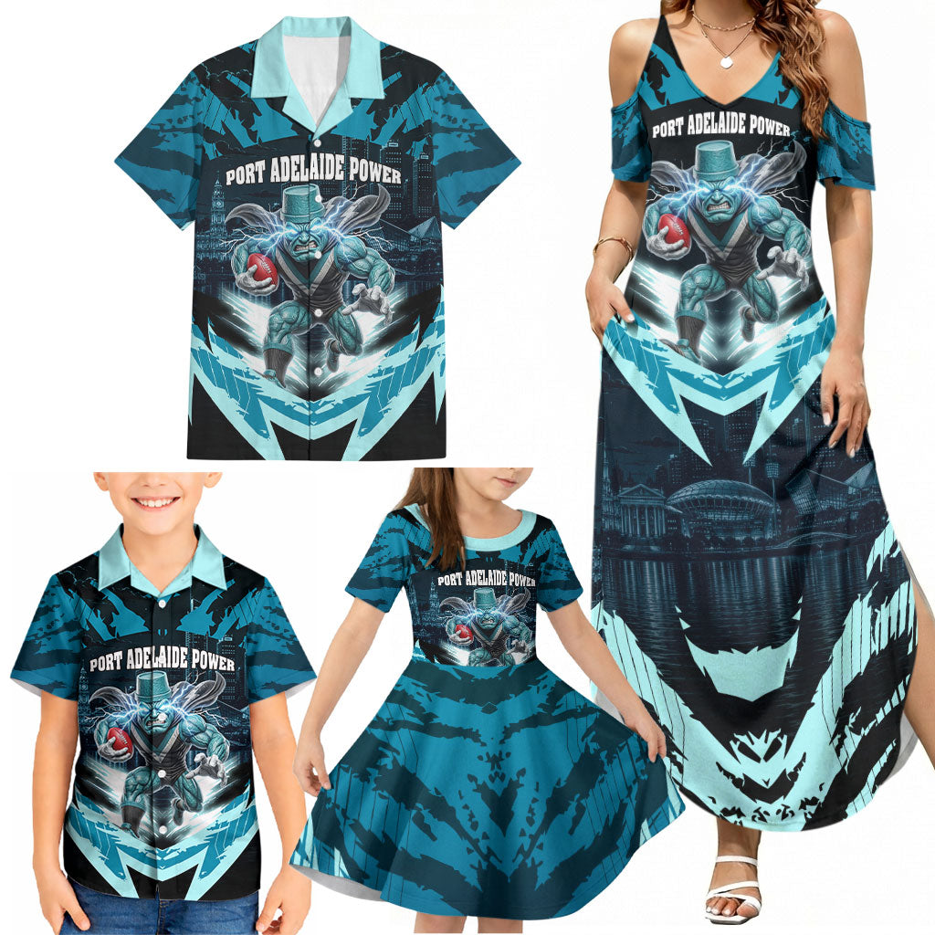 Personalised Port Adelaide Power Football Family Matching Summer Maxi Dress and Hawaiian Shirt Teal Lightning Mascot Charging Cityscape