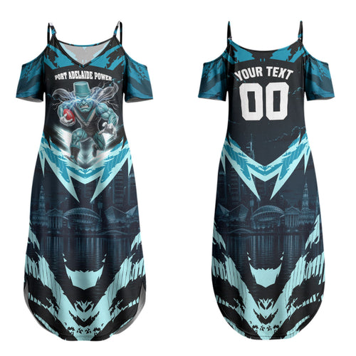 Personalised Port Adelaide Power Football Family Matching Summer Maxi Dress and Hawaiian Shirt Teal Lightning Mascot Charging Cityscape