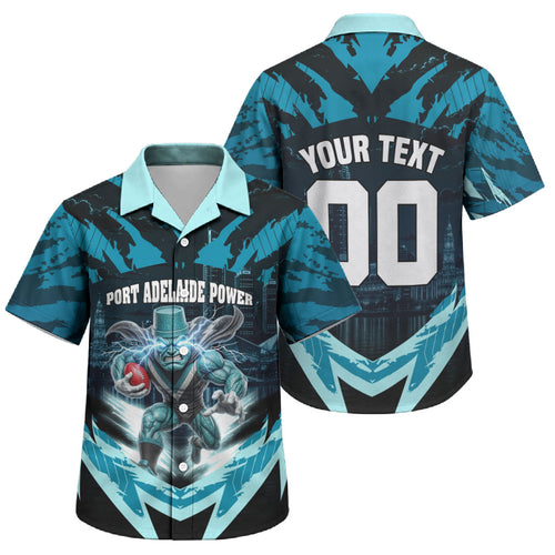 Personalised Port Adelaide Power Football Family Matching Summer Maxi Dress and Hawaiian Shirt Teal Lightning Mascot Charging Cityscape