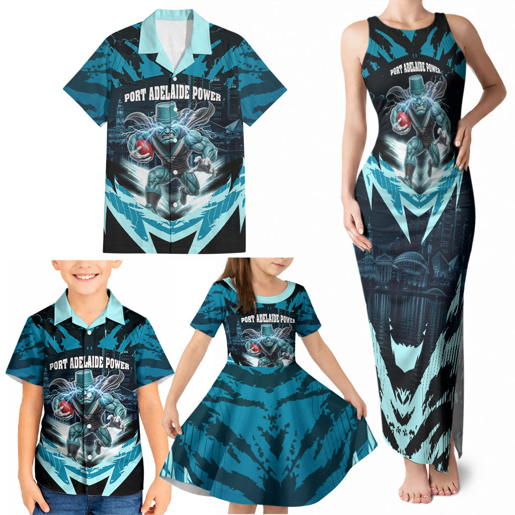 Personalised Port Adelaide Power Football Family Matching Tank Maxi Dress and Hawaiian Shirt Teal Lightning Mascot Charging Cityscape