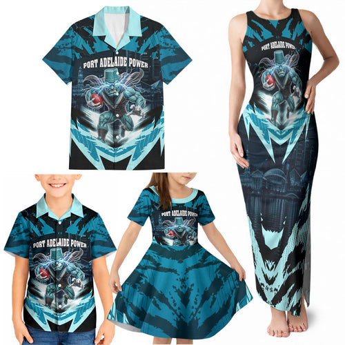 Personalised Port Adelaide Power Football Family Matching Tank Maxi Dress and Hawaiian Shirt Teal Lightning Mascot Charging Cityscape
