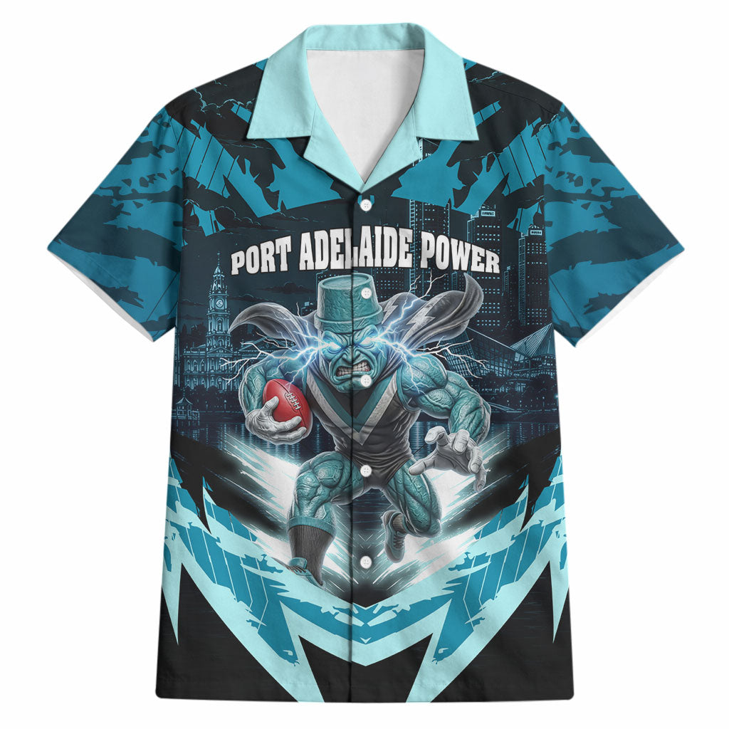 Personalised Port Adelaide Power Football Hawaiian Shirt Teal Lightning Mascot Charging Cityscape