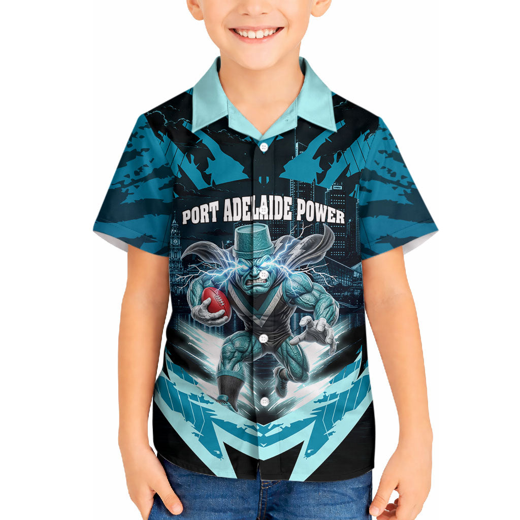 Personalised Port Adelaide Power Football Hawaiian Shirt Teal Lightning Mascot Charging Cityscape