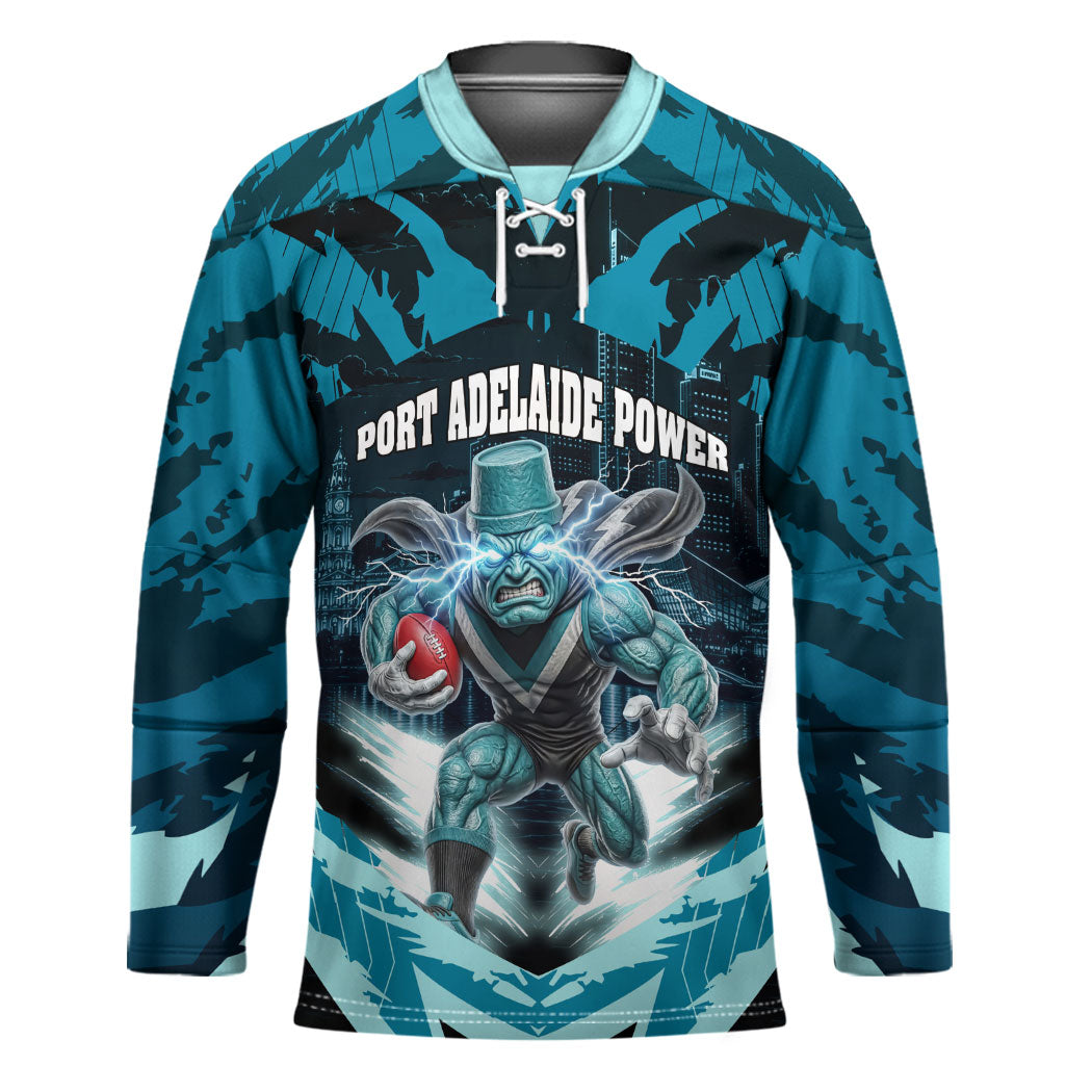 Personalised Port Adelaide Power Football Hockey Jersey Teal Lightning Mascot Charging Cityscape