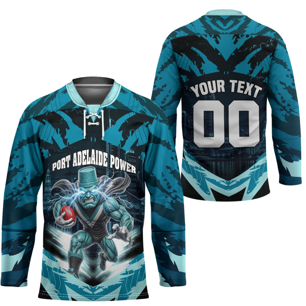 Personalised Port Adelaide Power Football Hockey Jersey Teal Lightning Mascot Charging Cityscape