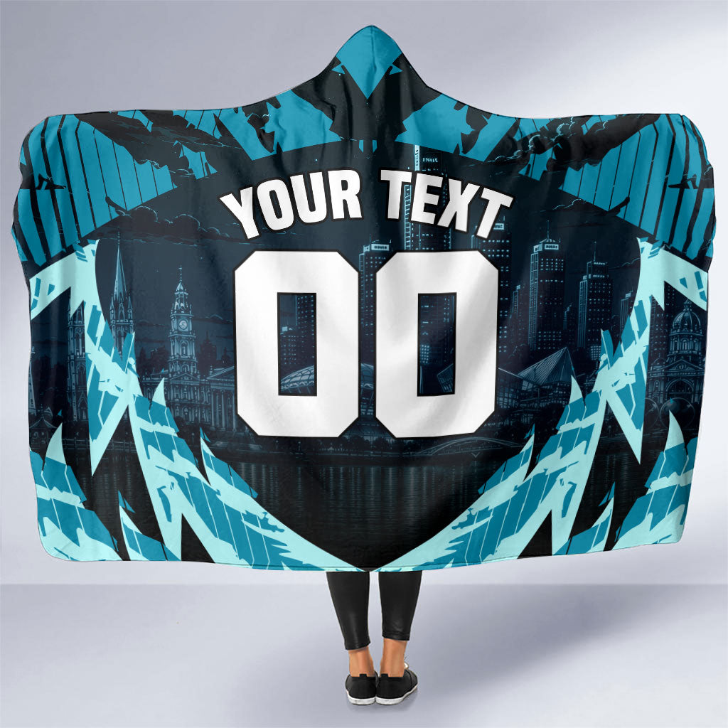 Personalised Port Adelaide Power Football Hooded Blanket Teal Lightning Mascot Charging Cityscape
