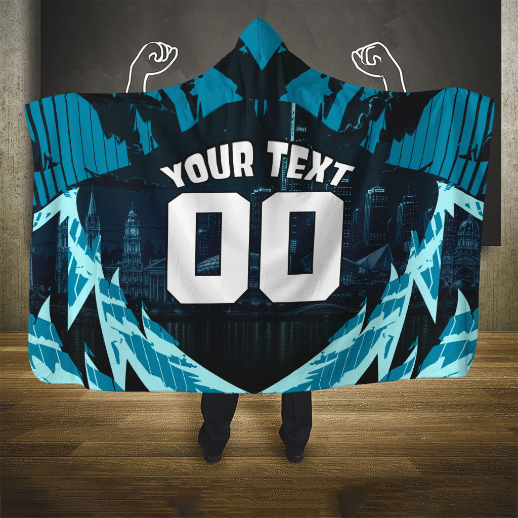 Personalised Port Adelaide Power Football Hooded Blanket Teal Lightning Mascot Charging Cityscape