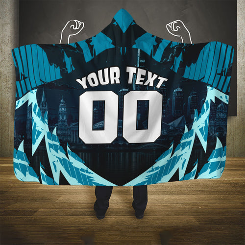 Personalised Port Adelaide Power Football Hooded Blanket Teal Lightning Mascot Charging Cityscape
