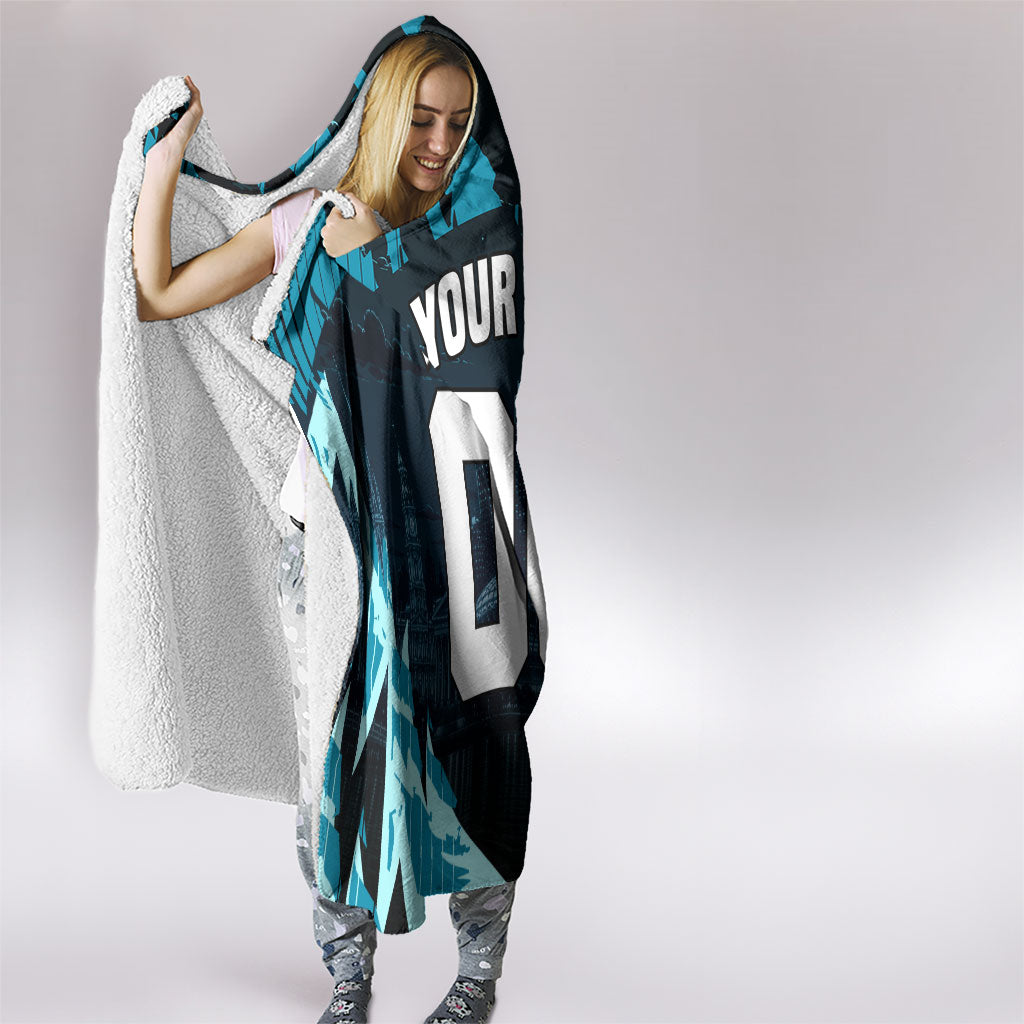 Personalised Port Adelaide Power Football Hooded Blanket Teal Lightning Mascot Charging Cityscape