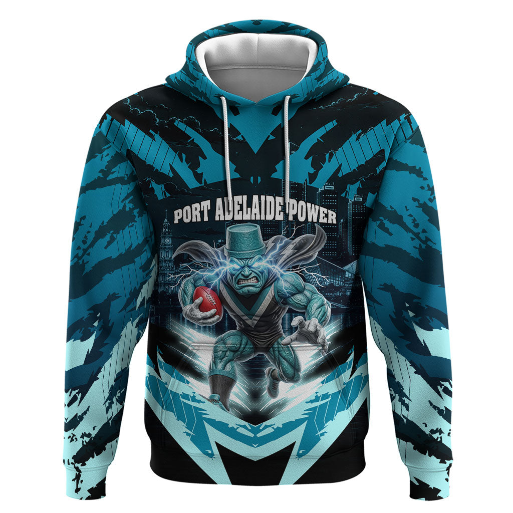 Personalised Port Adelaide Power Football Hoodie Teal Lightning Mascot Charging Cityscape