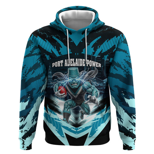 Personalised Port Adelaide Power Football Hoodie Teal Lightning Mascot Charging Cityscape