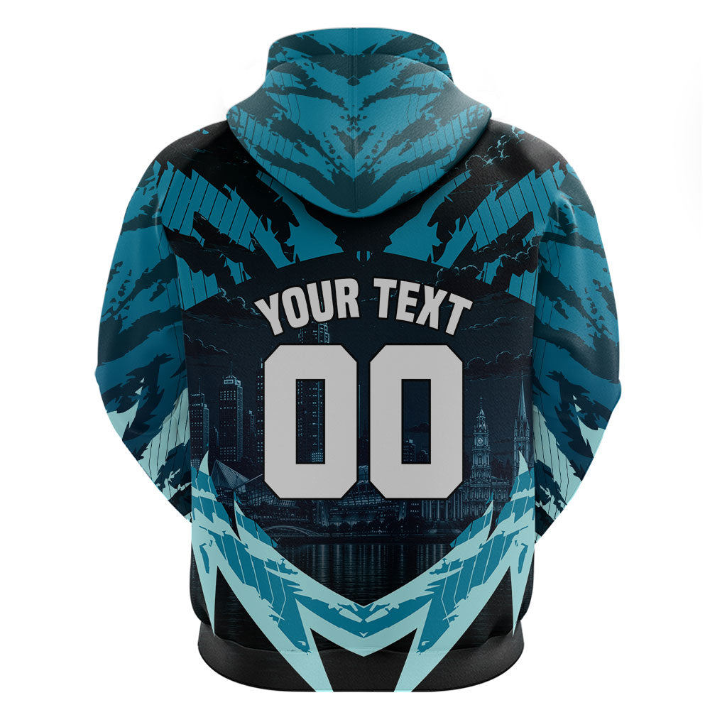 Personalised Port Adelaide Power Football Hoodie Teal Lightning Mascot Charging Cityscape