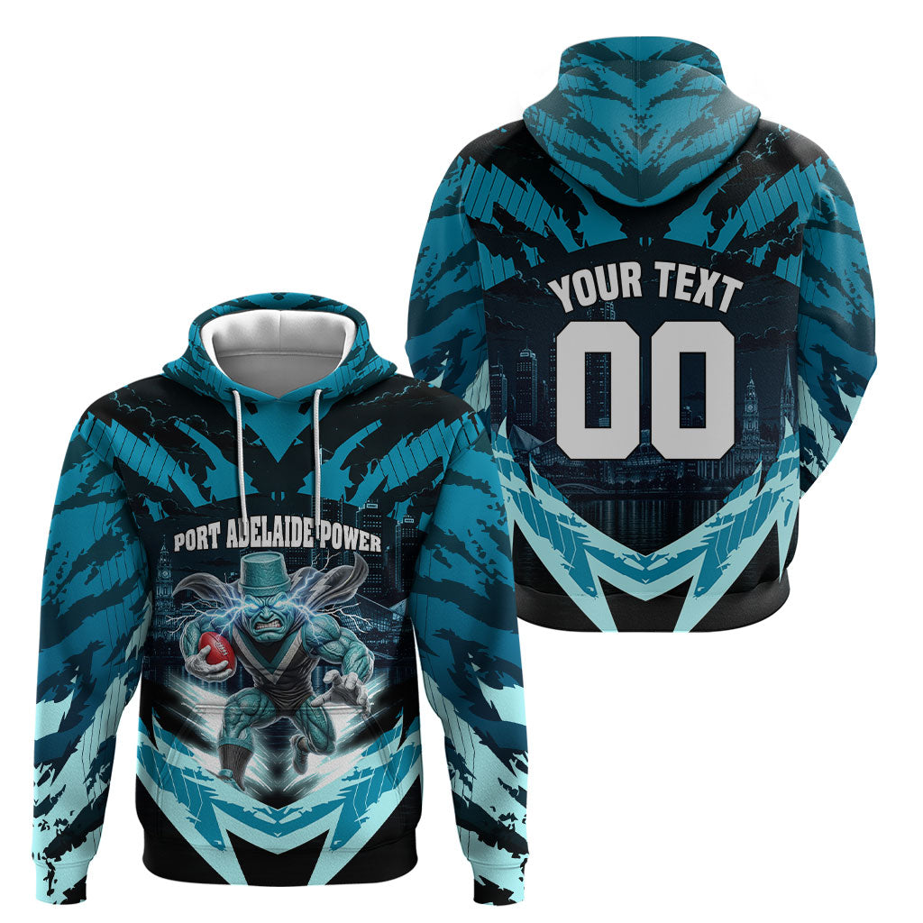 Personalised Port Adelaide Power Football Hoodie Teal Lightning Mascot Charging Cityscape