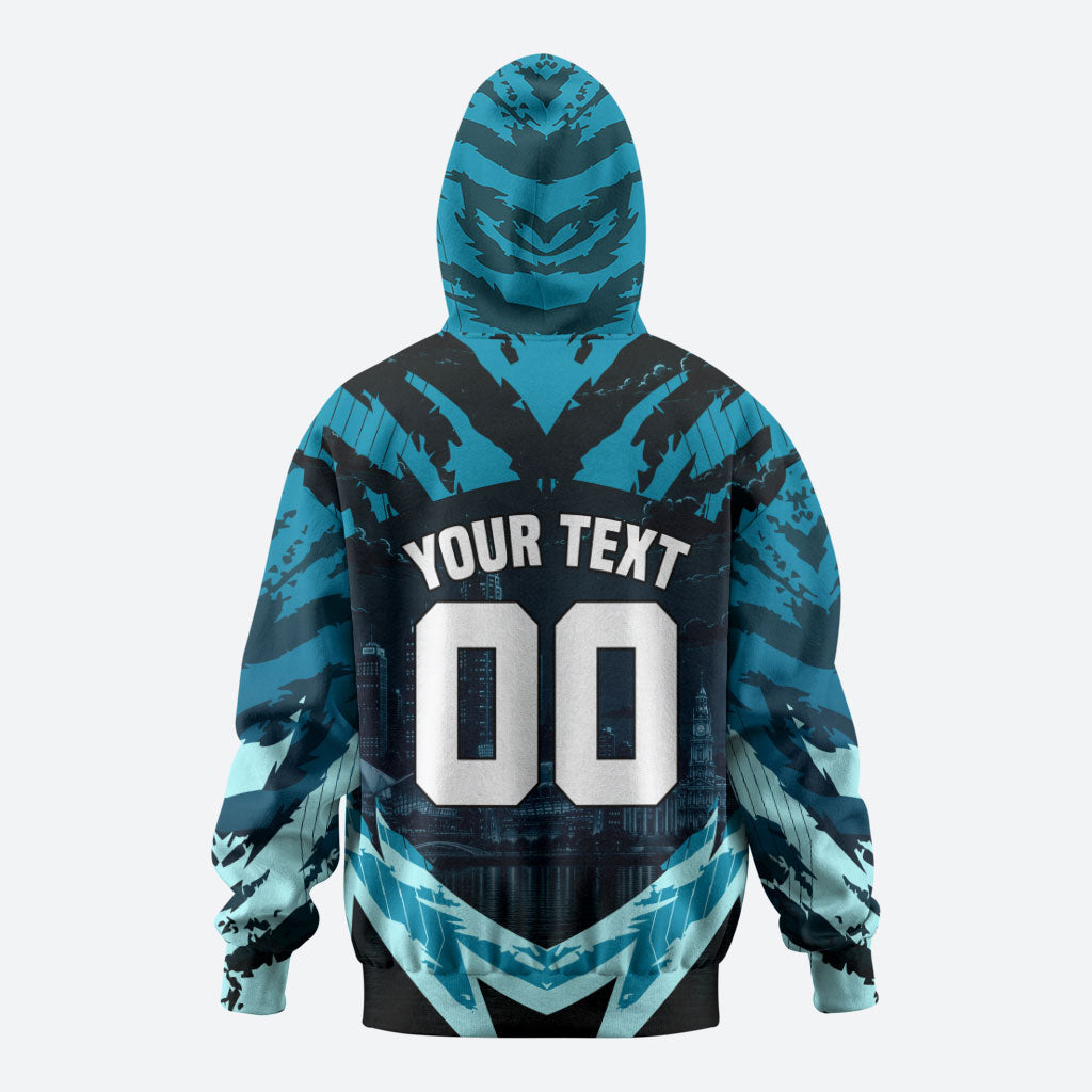 Personalised Port Adelaide Power Football Hoodie Teal Lightning Mascot Charging Cityscape