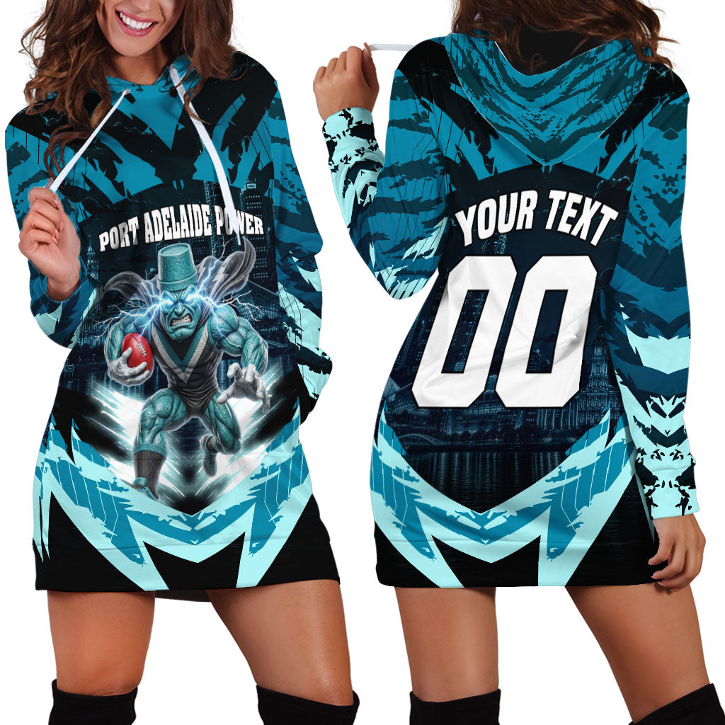 Personalised Port Adelaide Power Football Hoodie Dress Teal Lightning Mascot Charging Cityscape