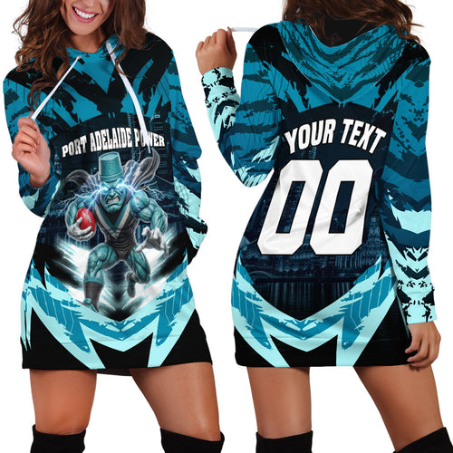 Personalised Port Adelaide Power Football Hoodie Dress Teal Lightning Mascot Charging Cityscape