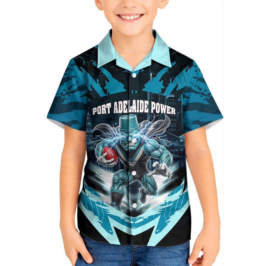 Personalised Port Adelaide Power Football Kid Hawaiian Shirt Teal Lightning Mascot Charging Cityscape