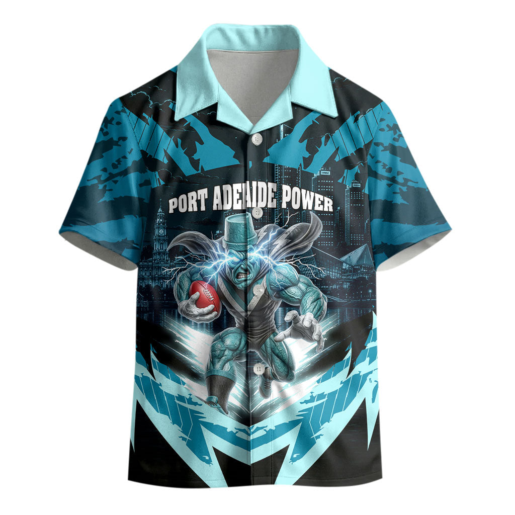 Personalised Port Adelaide Power Football Kid Hawaiian Shirt Teal Lightning Mascot Charging Cityscape