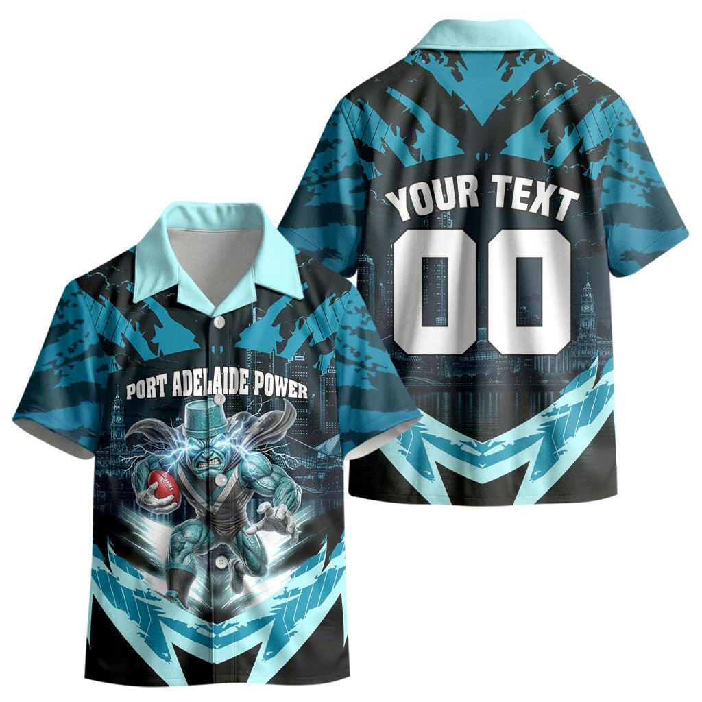 Personalised Port Adelaide Power Football Kid Hawaiian Shirt Teal Lightning Mascot Charging Cityscape
