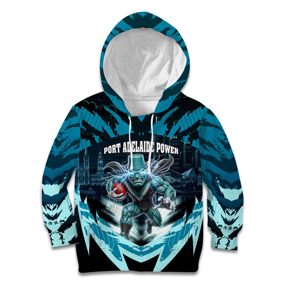 Personalised Port Adelaide Power Football Kid Hoodie Teal Lightning Mascot Charging Cityscape