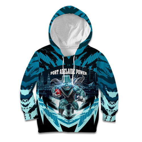 Personalised Port Adelaide Power Football Kid Hoodie Teal Lightning Mascot Charging Cityscape