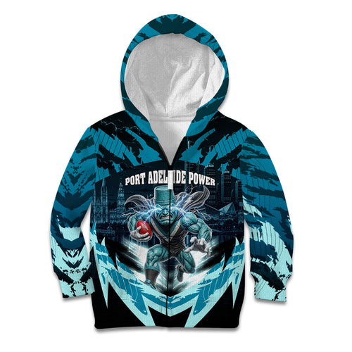 Personalised Port Adelaide Power Football Kid Hoodie Teal Lightning Mascot Charging Cityscape