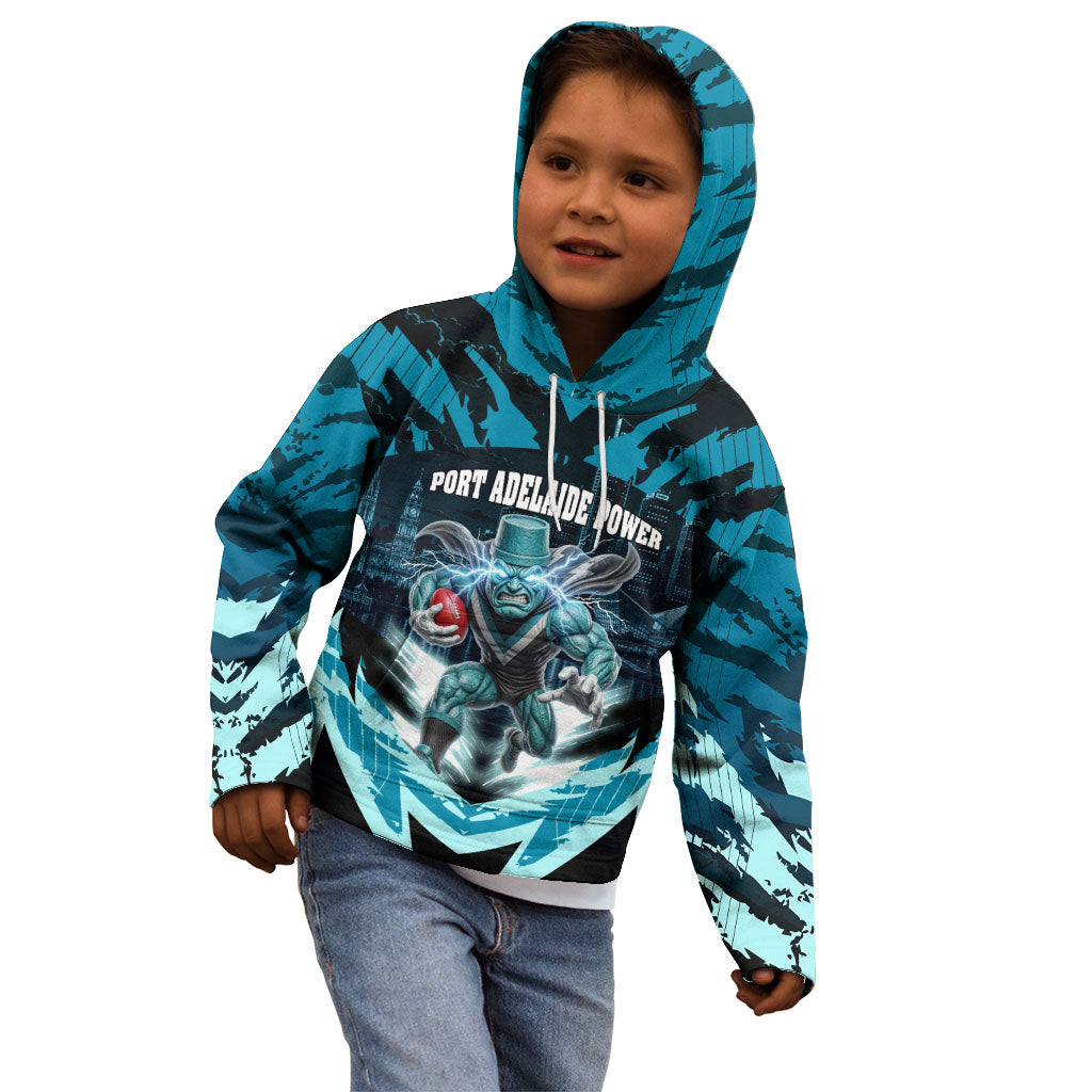 Personalised Port Adelaide Power Football Kid Hoodie Teal Lightning Mascot Charging Cityscape