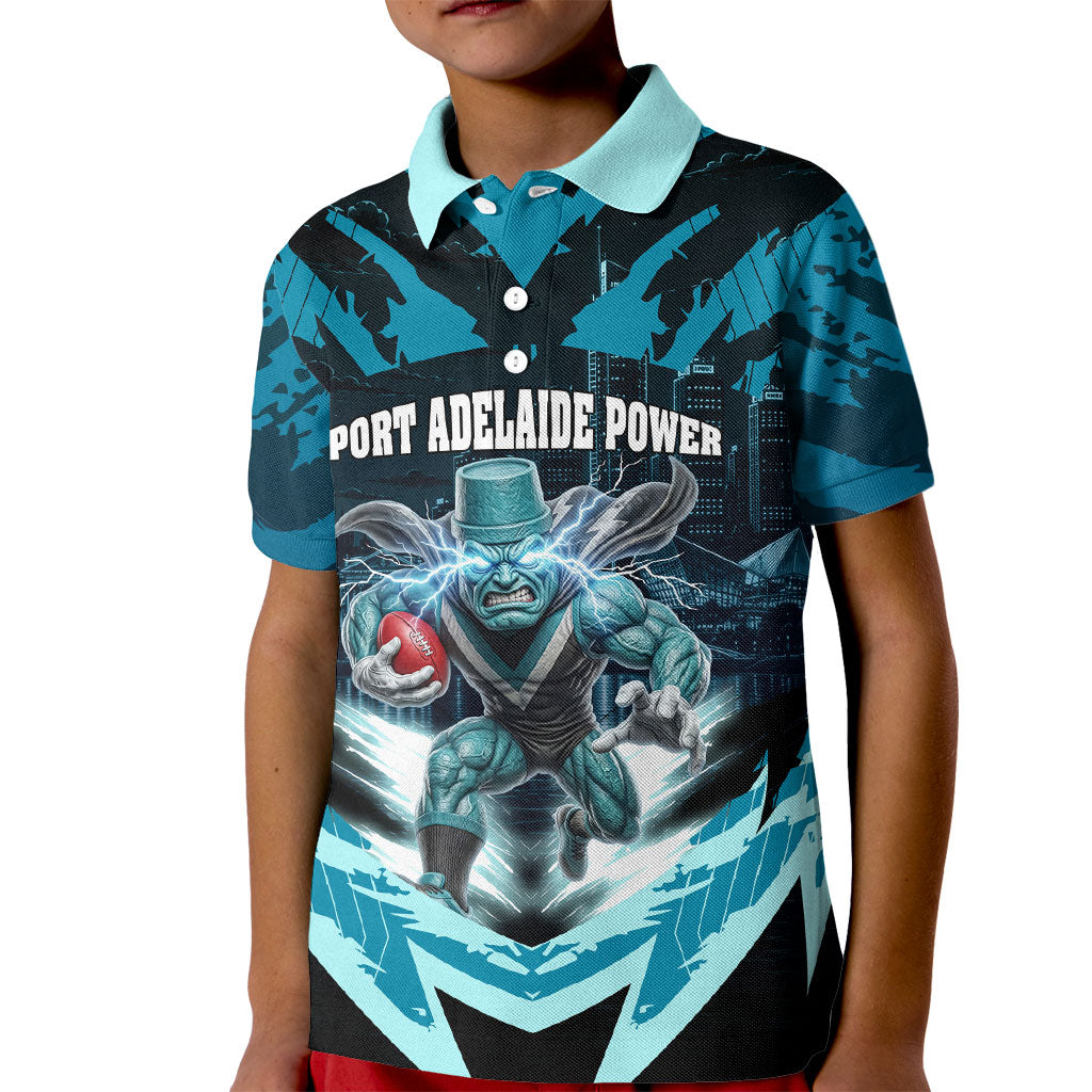 Personalised Port Adelaide Power Football Kid Polo Shirt Teal Lightning Mascot Charging Cityscape