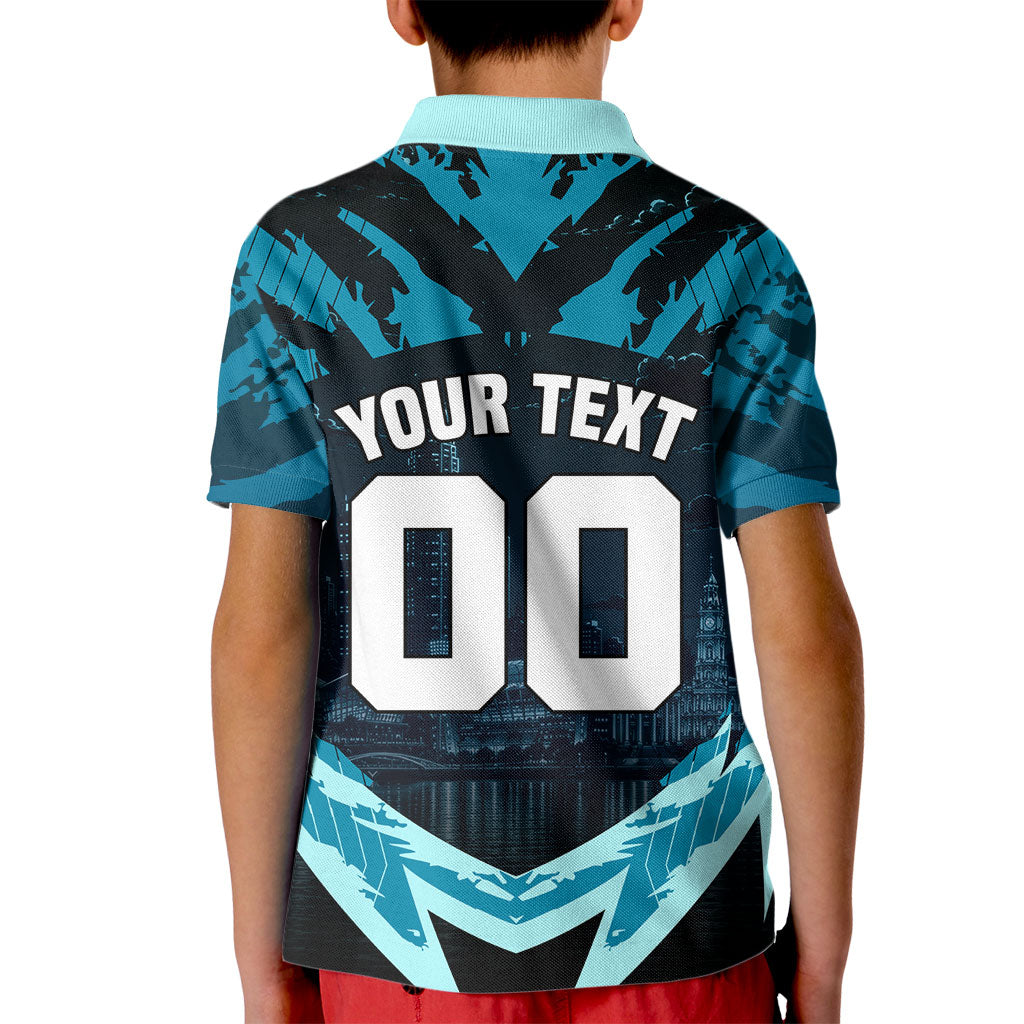 Personalised Port Adelaide Power Football Kid Polo Shirt Teal Lightning Mascot Charging Cityscape