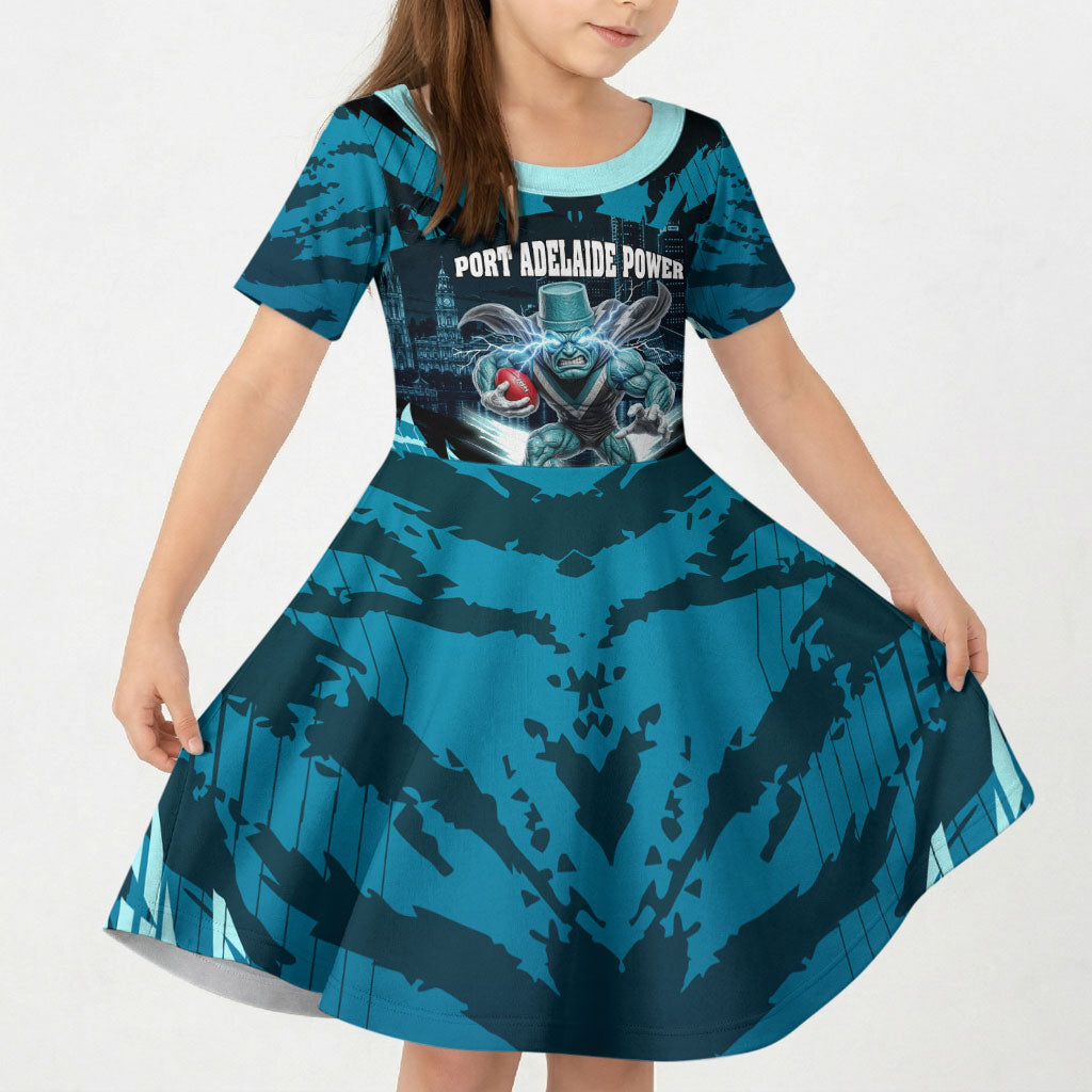 Personalised Port Adelaide Power Football Kid Short Sleeve Dress Teal Lightning Mascot Charging Cityscape
