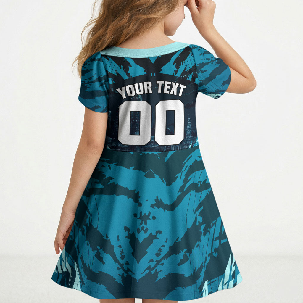 Personalised Port Adelaide Power Football Kid Short Sleeve Dress Teal Lightning Mascot Charging Cityscape