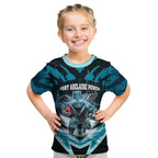 Personalised Port Adelaide Power Football Kid T Shirt Teal Lightning Mascot Charging Cityscape