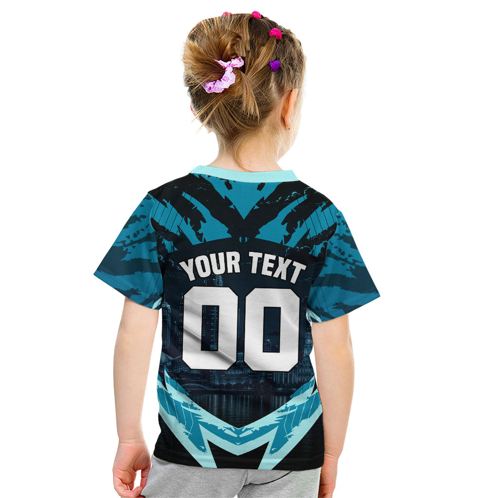 Personalised Port Adelaide Power Football Kid T Shirt Teal Lightning Mascot Charging Cityscape
