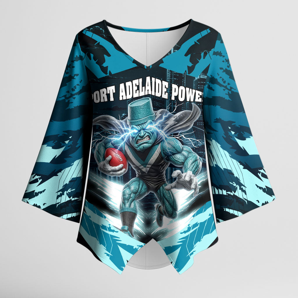 Personalised Port Adelaide Power Football Kimono Sleeve Blouse Teal Lightning Mascot Charging Cityscape