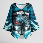 Personalised Port Adelaide Power Football Kimono Sleeve Blouse Teal Lightning Mascot Charging Cityscape