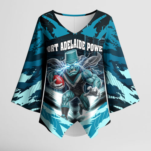 Personalised Port Adelaide Power Football Kimono Sleeve Blouse Teal Lightning Mascot Charging Cityscape