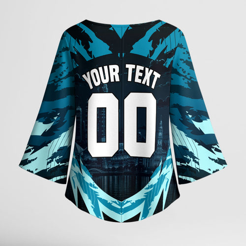 Personalised Port Adelaide Power Football Kimono Sleeve Blouse Teal Lightning Mascot Charging Cityscape
