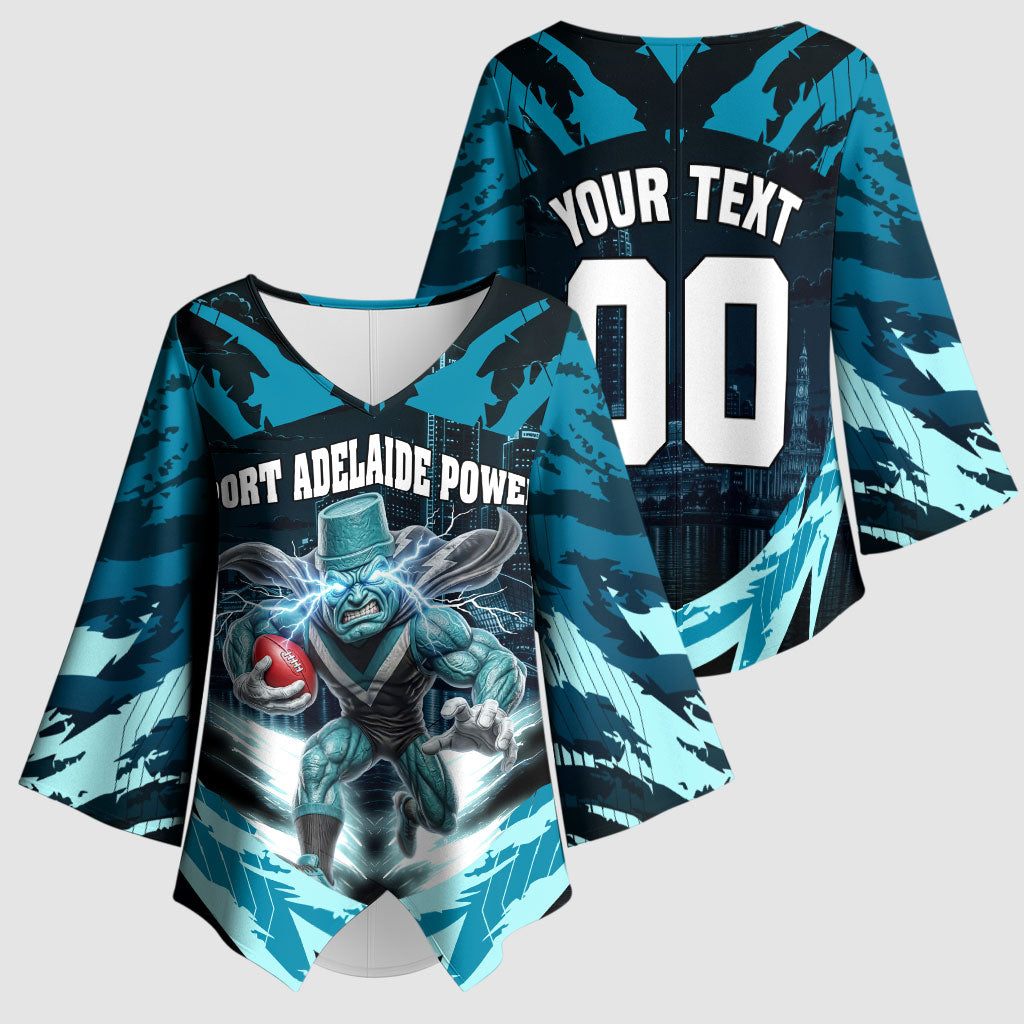 Personalised Port Adelaide Power Football Kimono Sleeve Blouse Teal Lightning Mascot Charging Cityscape