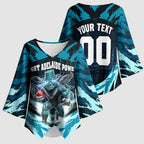 Personalised Port Adelaide Power Football Kimono Sleeve Blouse Teal Lightning Mascot Charging Cityscape