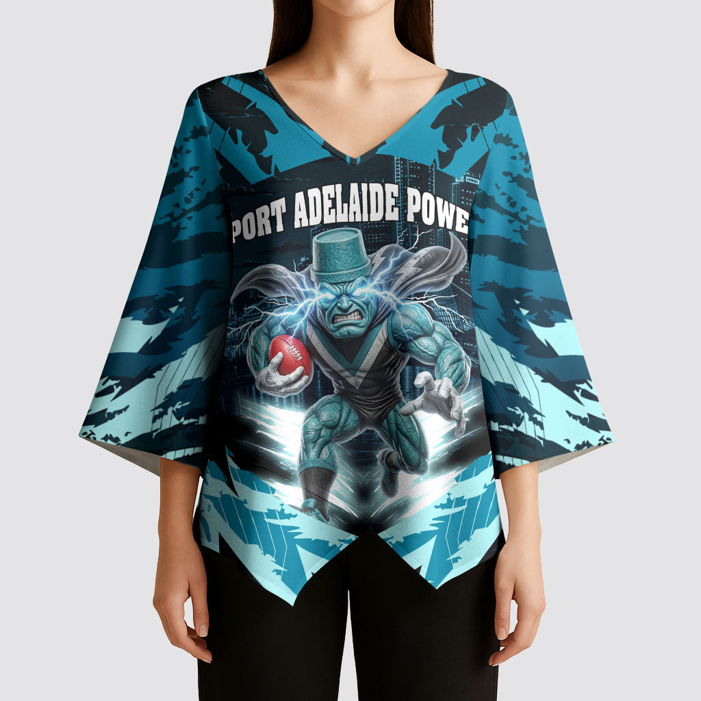Personalised Port Adelaide Power Football Kimono Sleeve Blouse Teal Lightning Mascot Charging Cityscape