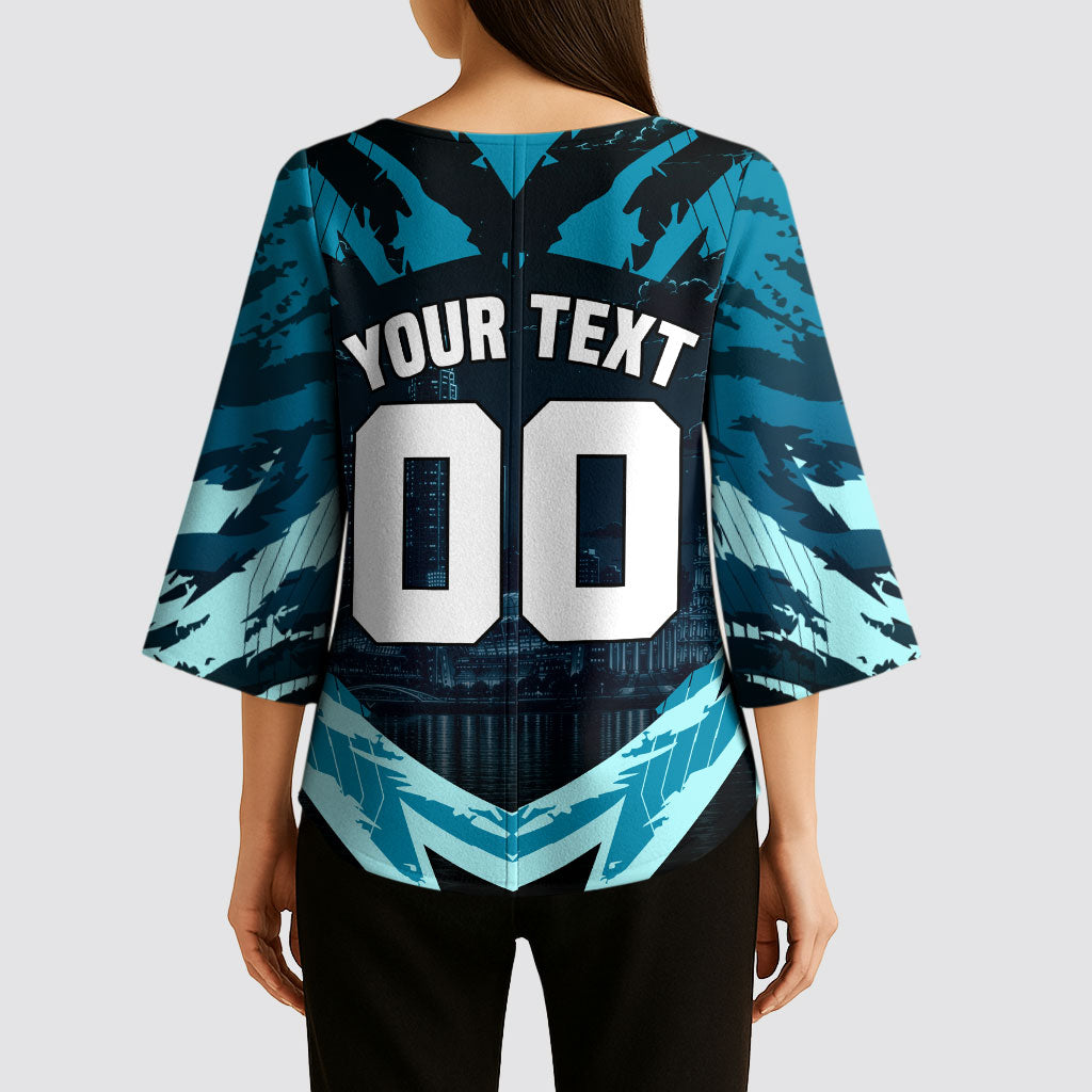 Personalised Port Adelaide Power Football Kimono Sleeve Blouse Teal Lightning Mascot Charging Cityscape