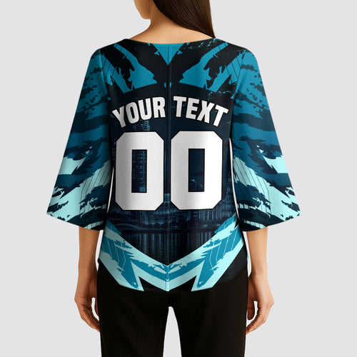 Personalised Port Adelaide Power Football Kimono Sleeve Blouse Teal Lightning Mascot Charging Cityscape
